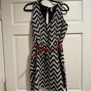 Three Hearts Black and White Chevron Dress with Red Belt